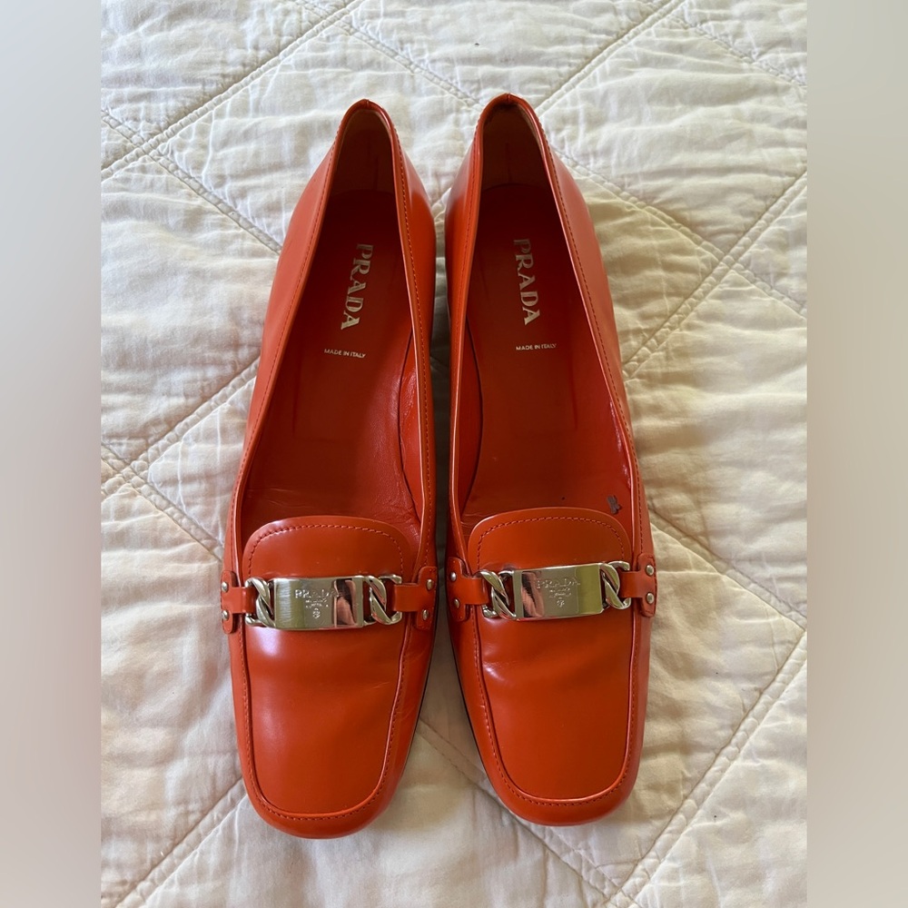 Prada Orange Leather Loafers with Silver Hardware - Picture 2 of 16